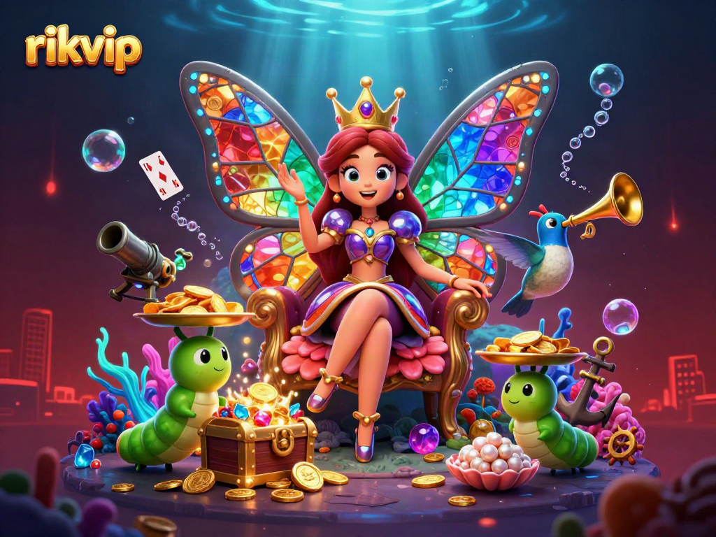 Experience exciting gameplay at rikvip with a vibrant illustration featuring a colorful butterfly queen and casino treasures.