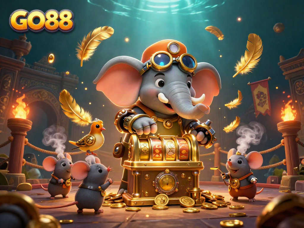 Engage with GO88's adventures in this vibrant 3D illustration of a steampunk elephant at a golden slot machine.