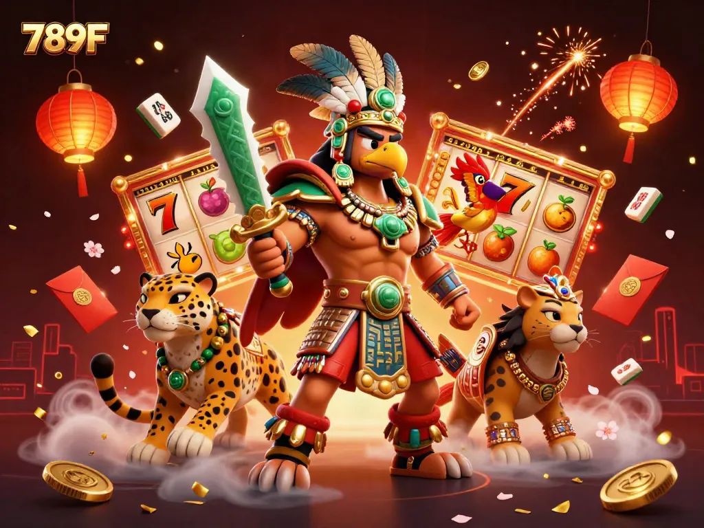 Experience excitement with 789F as Aztec warriors engage in vibrant casino-themed action.