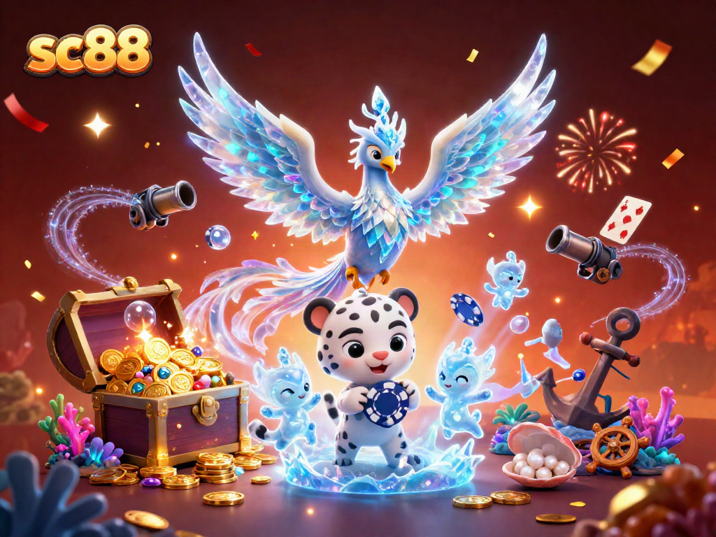 Experience thrilling games at sc88 with an ice phoenix, celebrating victory amid gold coins and playing cards.
