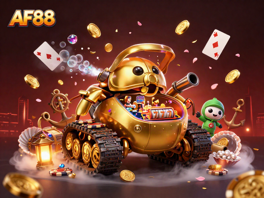 AF88 showcases a vibrant 3D casino scene with a beetle tank, bursting with coins and games.