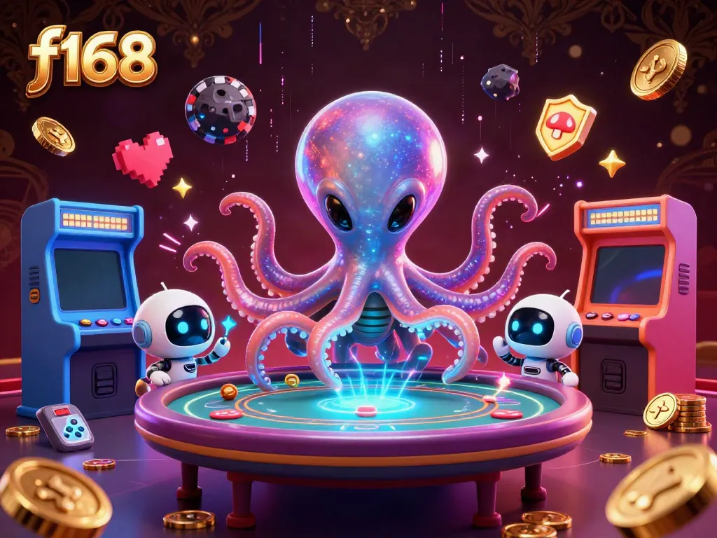 Engage with exciting f168 casino gameplay featuring a vibrant alien octopus and holographic poker table.