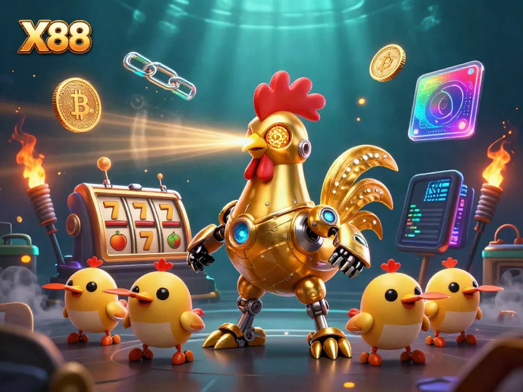 X88 casino scene with a golden robot rooster and baby chick drones among slot machines and crypto coins
