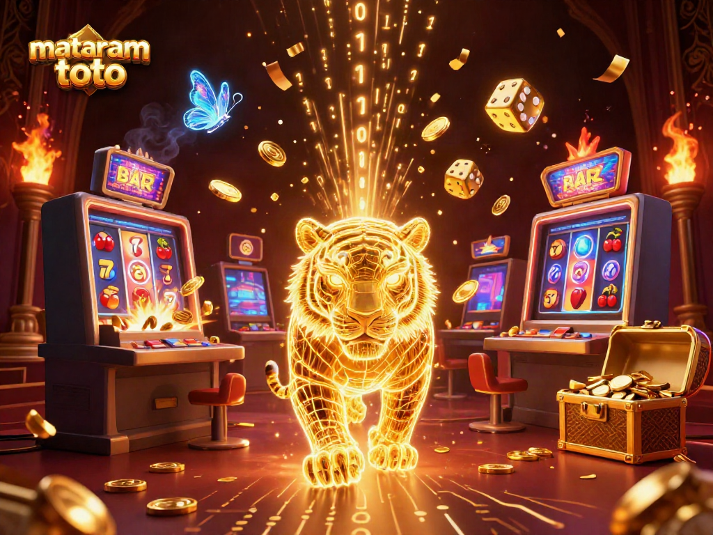 Experience the thrill of mataram toto with this vibrant 3D casino scene featuring a golden tiger and dynamic slot symbols.