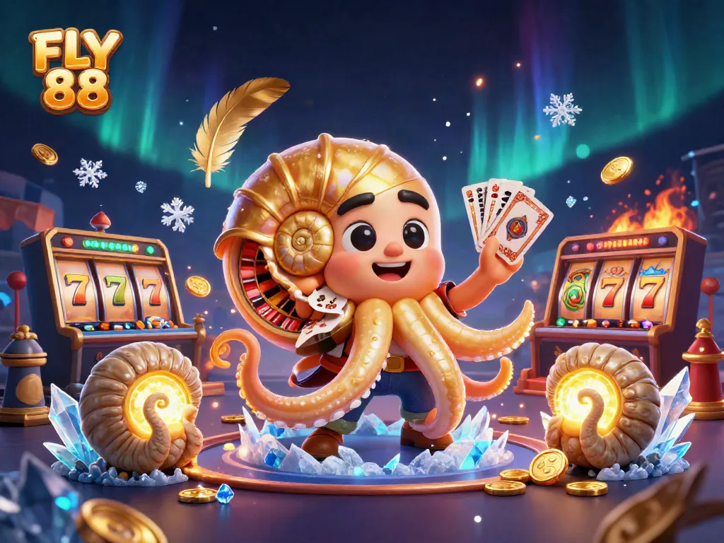 Engage with the thrilling world of FLY 88 featuring a giant nautilus holding cards in an electrifying casino scene.