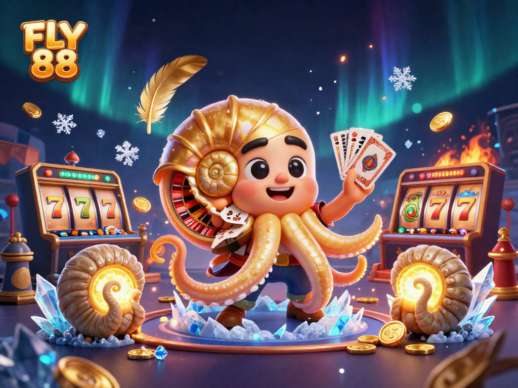 Engage with the thrilling world of FLY 88 featuring a giant nautilus holding cards in an electrifying casino scene.