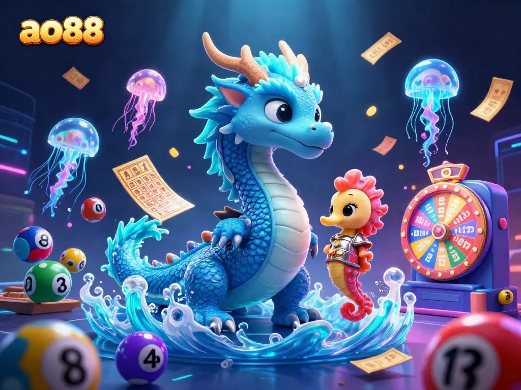 Engage with the thrilling experience of ao88 as the azure dragon emerges amidst vibrant gaming elements in a captivating underwater scene.