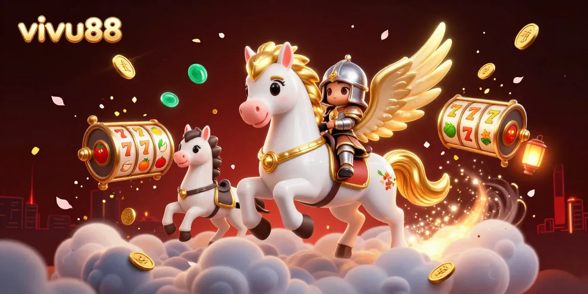 Engage with vivu88 by spinning slot reels alongside a celestial knight in a vibrant 3D casino.