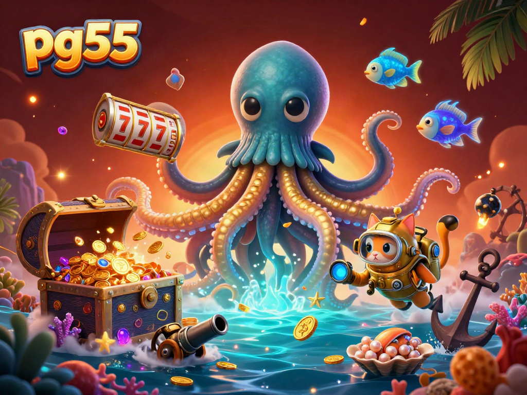 Explore the dynamic 3D scene of pg55 featuring a kraken, diving cat, and animated casino elements.