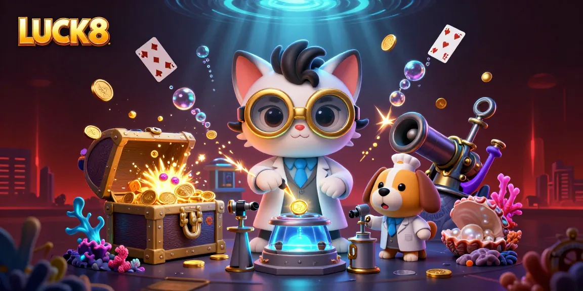 LUCK8 features an energetic scene with a mad scientist cat and assistant dog amidst gold coins and casino elements.