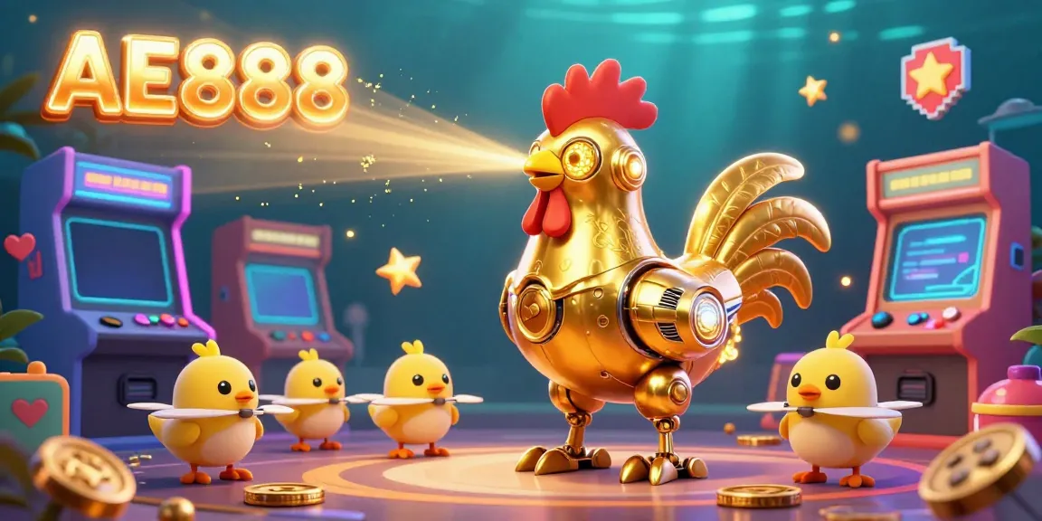 Engage with the dynamic AE888 online casino scene featuring a golden rooster robot intricately surrounded by vivid game elements.