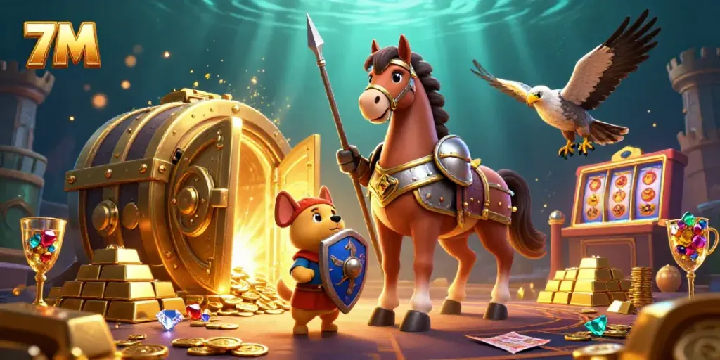 Experience thrilling sports betting with 7M, featuring dynamic characters and vibrant casino elements.