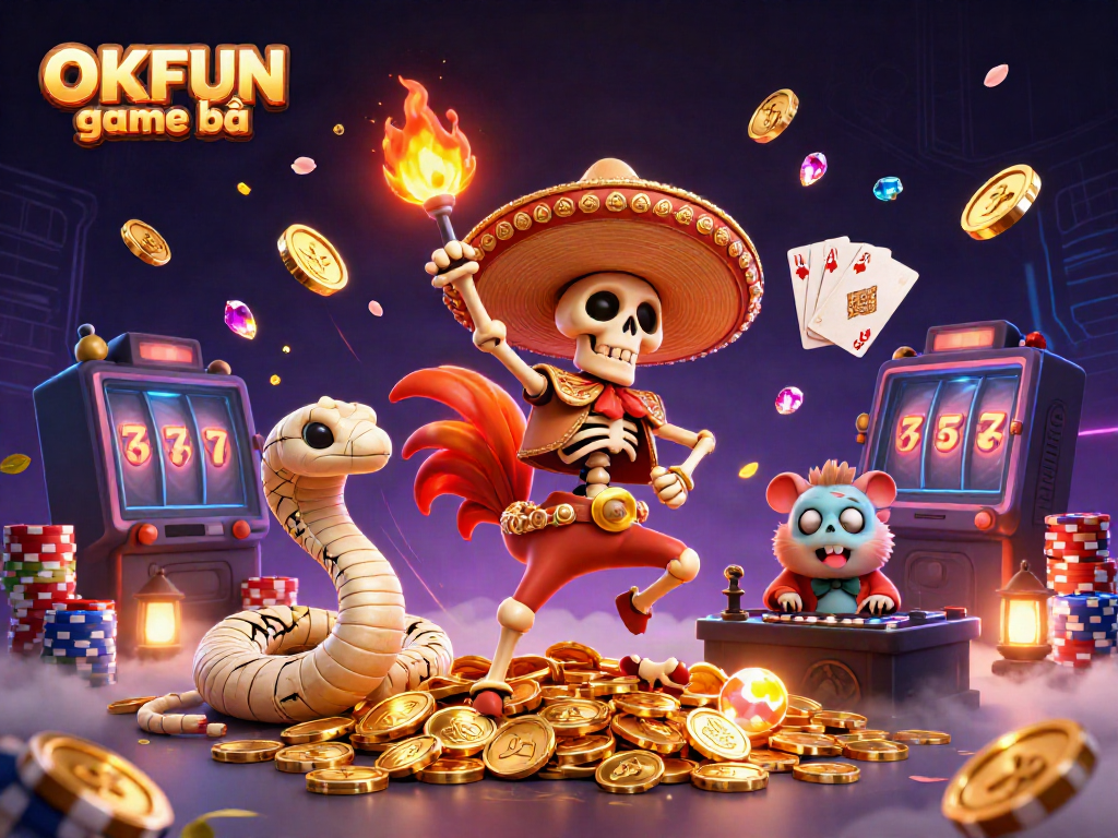 Experience the thrill of OKFUN game bài with dynamic characters and vibrant gambling elements.
