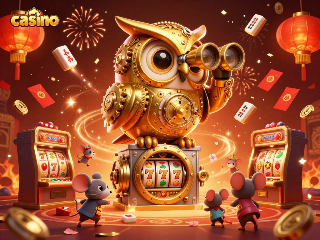 A mesmerizing casino scene with a clockwork owl and slot machines, capturing excitement with confetti and fireworks