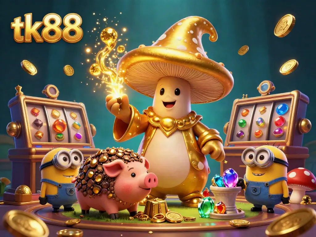 Experience the thrilling magic of tk88 with a dazzling 3D illustration featuring a golden wizard and vibrant casino elements.