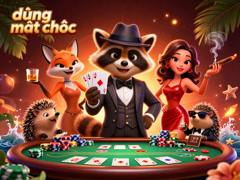 Experience the excitement of đường mạt chược with animated characters enjoying poker in a vibrant casino setting.