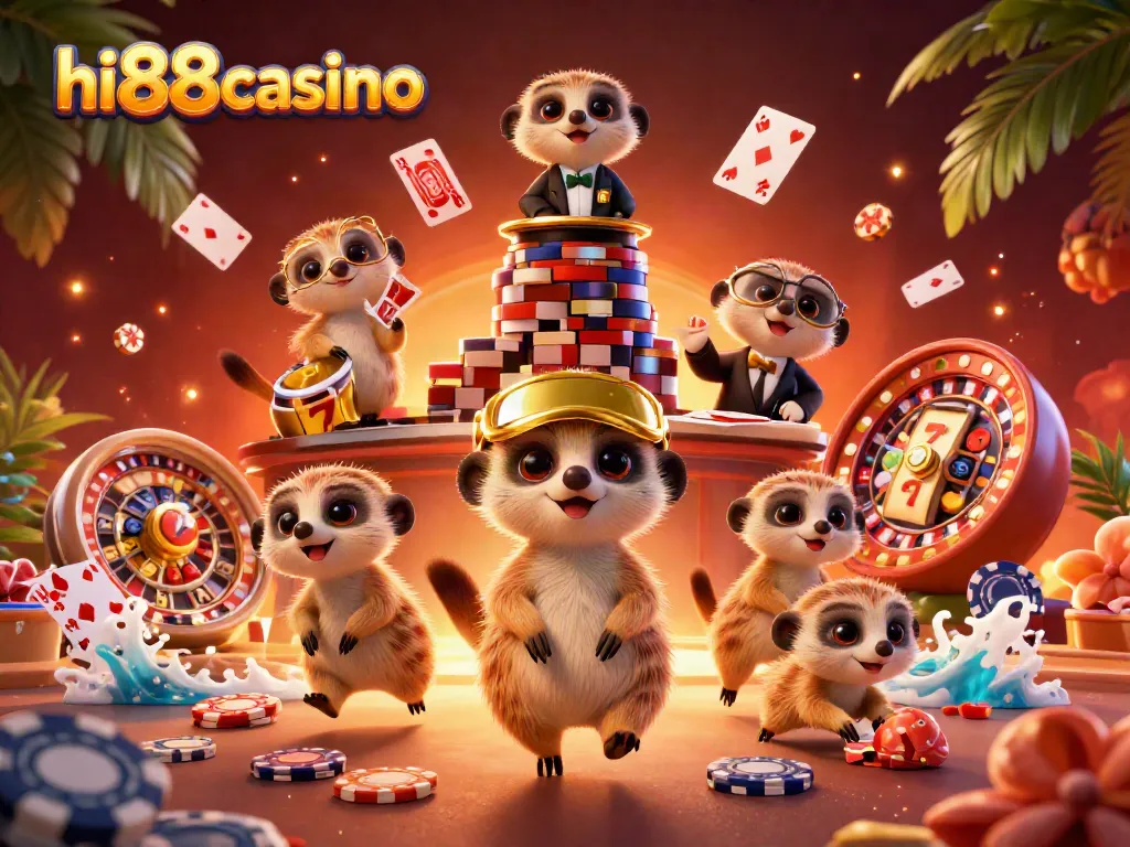 Experience thrilling gameplay at hi88casino with meerkats dealing cards and spinning roulette wheels.