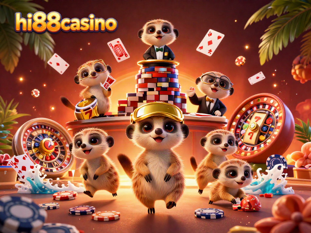 Experience thrilling gameplay at hi88casino with meerkats dealing cards and spinning roulette wheels.