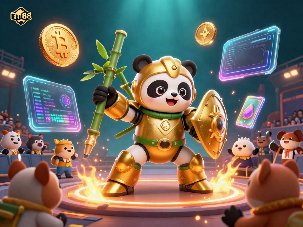 Experience Fu88 in a vibrant 3D casino scene featuring a golden panda robot amidst cheering animals and cryptocurrency elements.