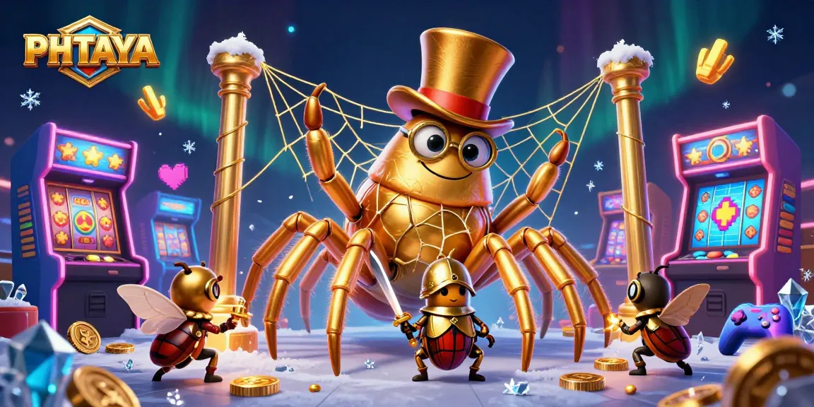 PHTAYA players engage exciting slots with a fearless beetle knight and golden tarantula in a vibrant casino.