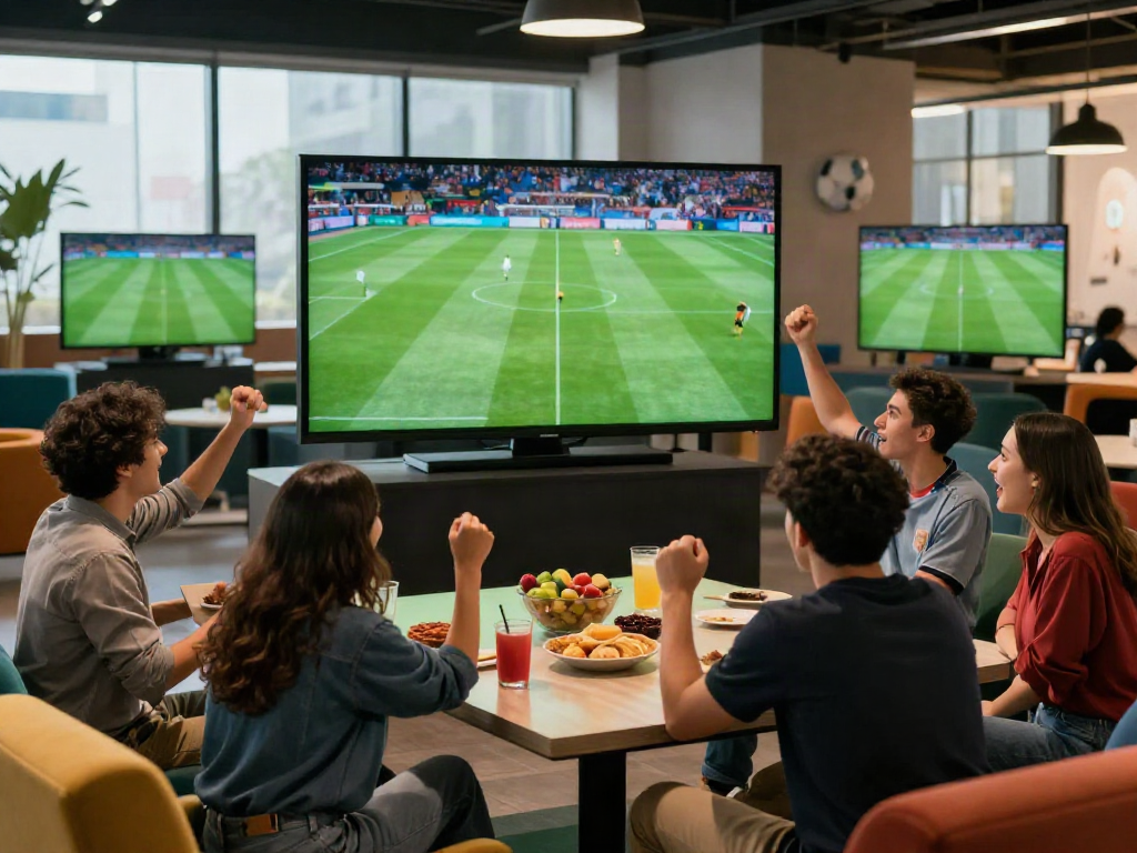 Socolive soccer viewing party with friends in a vibrant lounge.