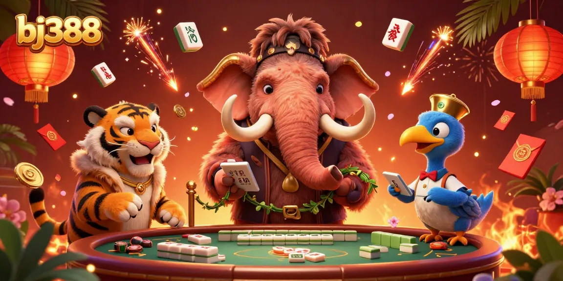 Engage in thrilling fun at bj388 with a vibrant 3D casino scene featuring a woolly mammoth bouncer and tiger VIP.