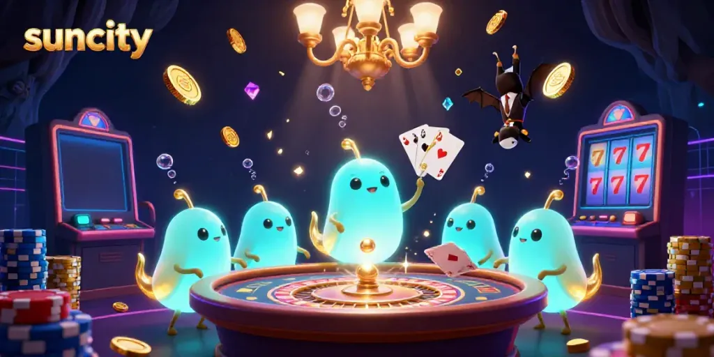 Experience exciting gameplay at Suncity with lively glowworms illuminating the vibrant casino scene.
