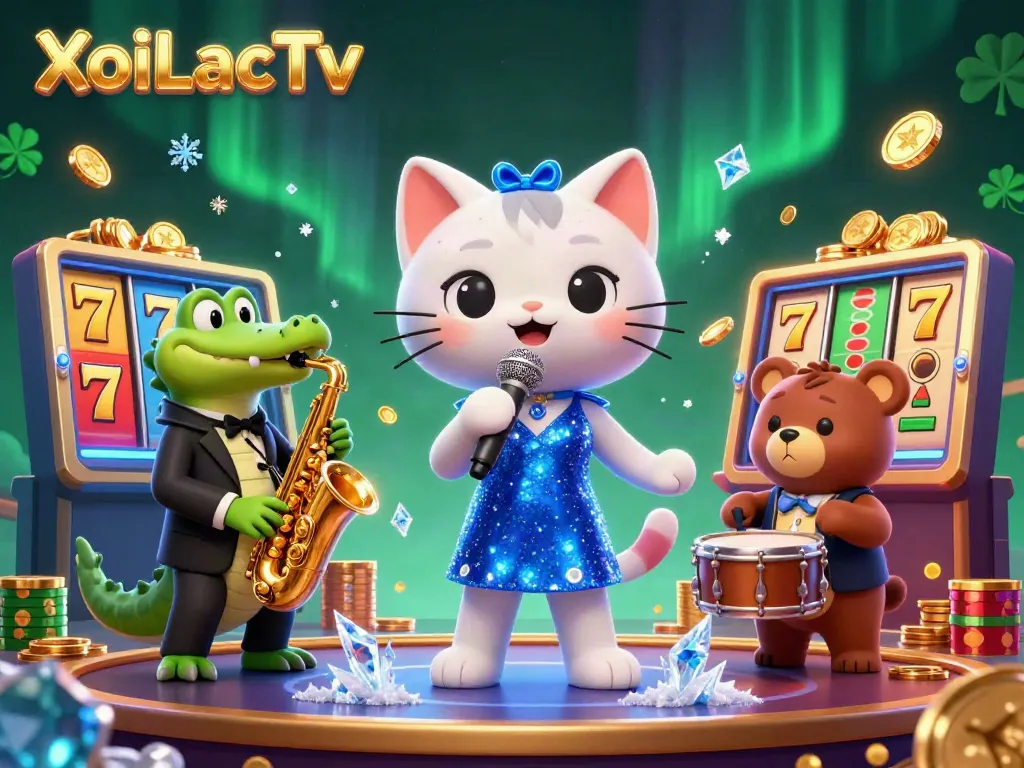 XoiLacTv showcases a lively casino scene with a singing cat, playing crocodile, and a bear cub amid slot reels and coins.