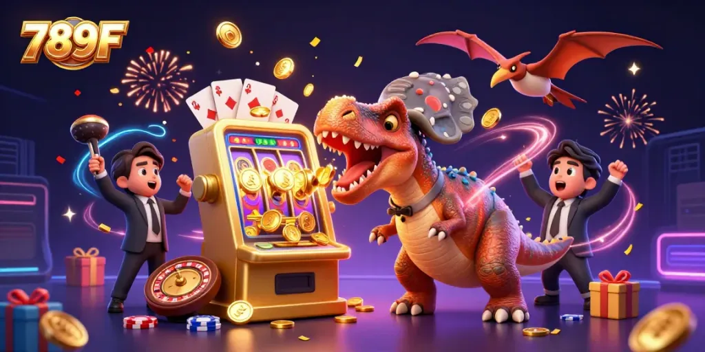 Experience the excitement of 789F as a dinosaur engages with a jackpot machine while golden coins fly everywhere.