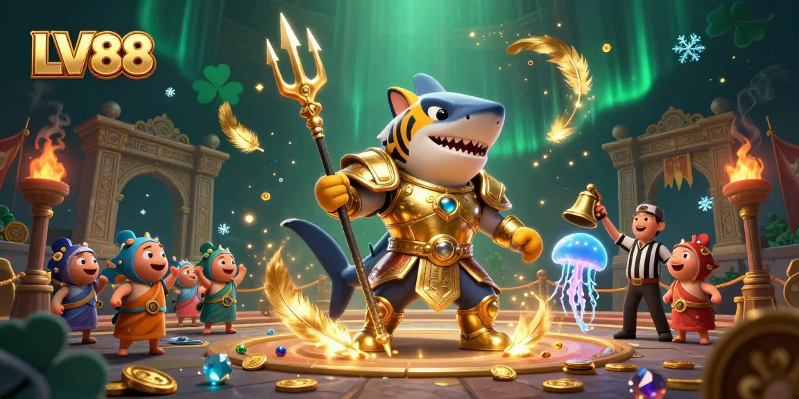 Experience thrilling gaming at LV88 with an underwater colosseum scene featuring a gladiator shark and vibrant action elements.