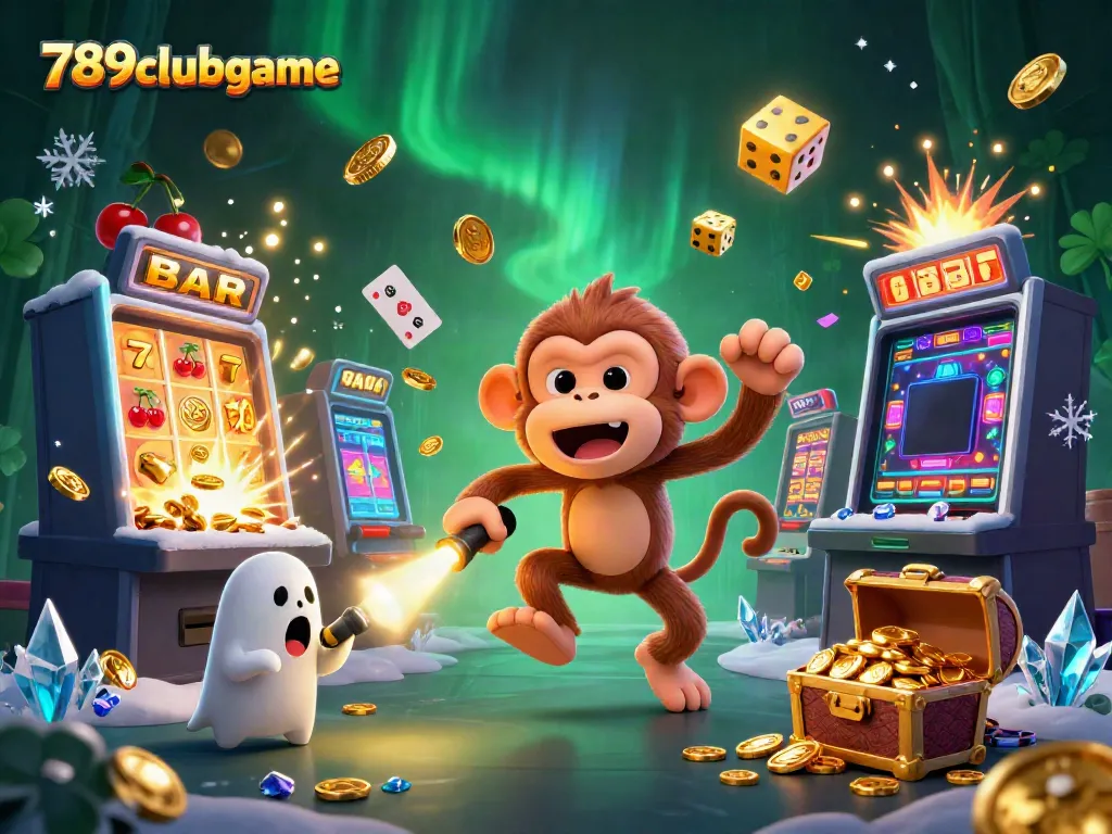 Experience thrilling gameplay at 789clubgame with a juggler monkey and ghost-hunter puppy in a haunted casino.
