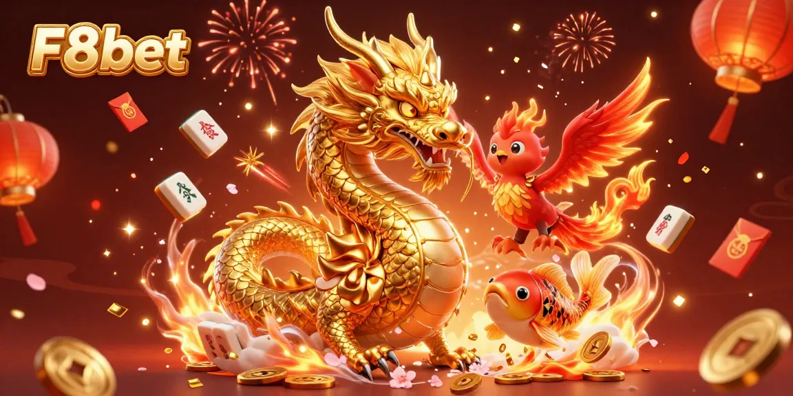 Engage with F8bet's vibrant casino world featuring a golden dragon, phoenix, and koi fish.