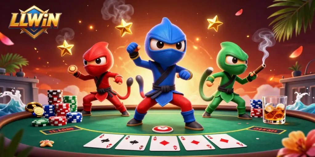 LLWIN showcases chameleon ninjas in martial arts around poker elements for a vibrant casino scene.