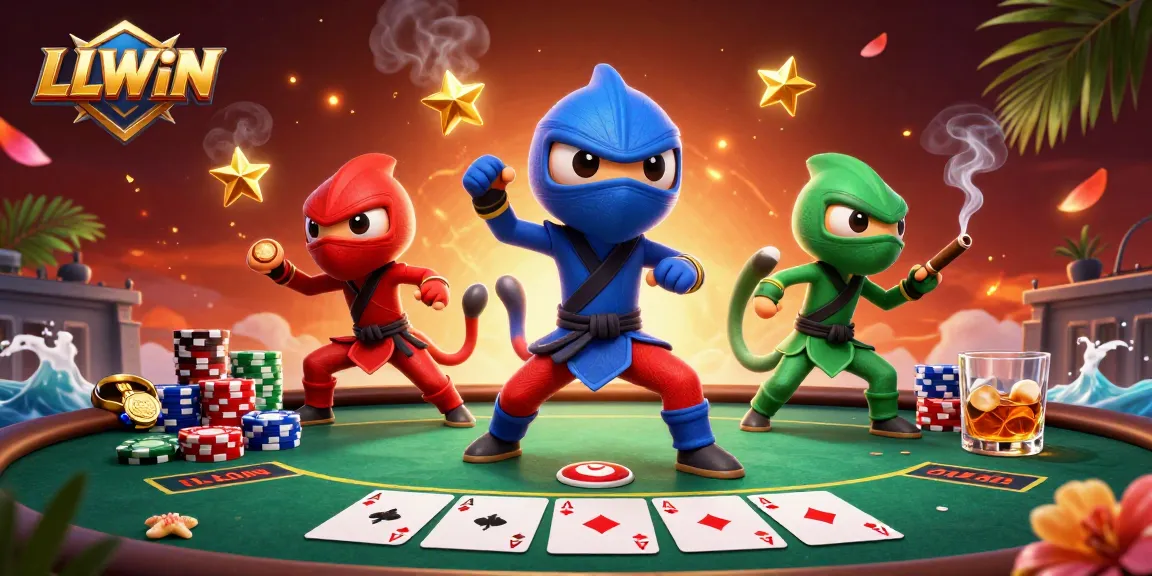 LLWIN showcases chameleon ninjas in martial arts around poker elements for a vibrant casino scene.