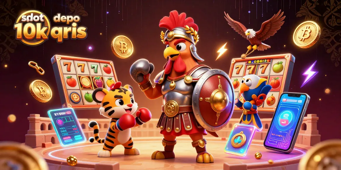 Take a spin at slot depo 10k qris as cartoon gladiators battle in a vibrant casino arena.