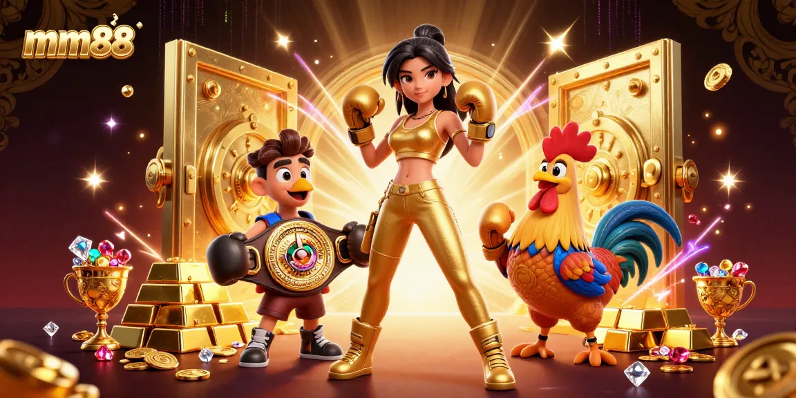 Experience the thrill of mm88 with a powerful woman and championship rooster in a vibrant casino scene.