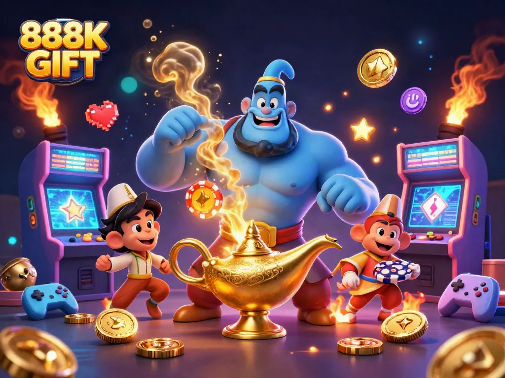 Engage with the magical 888K GIFT experience featuring a genie, monkey, and poker chips.