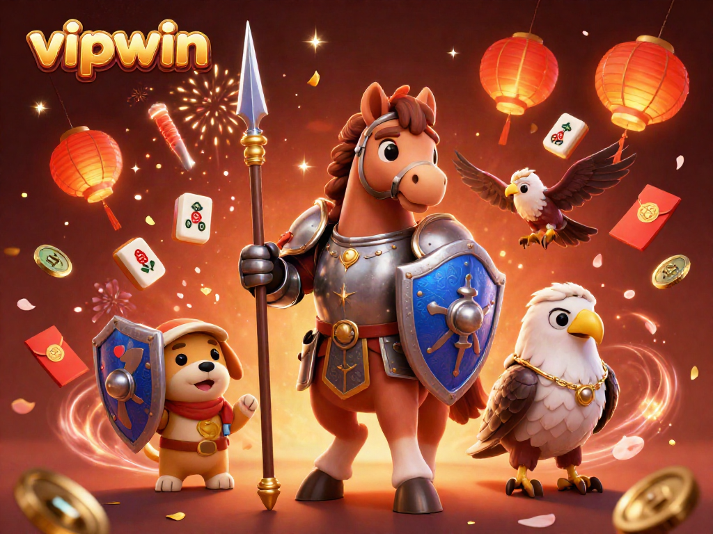 Engage in exciting games at vipwin with a lively 3D casino scene featuring characters and festive elements.