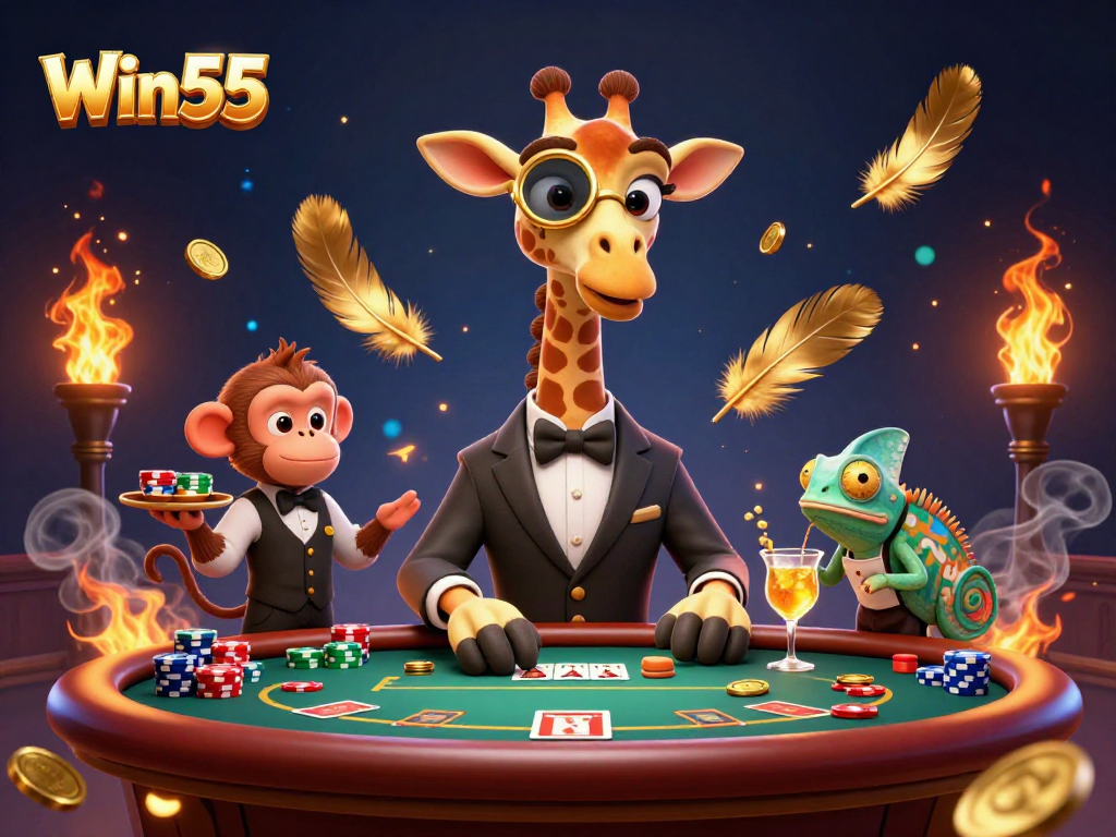 Win55 giraffe high-roller plays poker amid dynamic casino atmosphere and golden effects.
