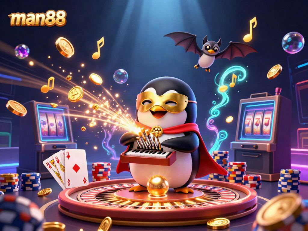 Experience the thrill of winning at man88 with a dynamic casino illustration featuring a penguin playing a pipe organ.