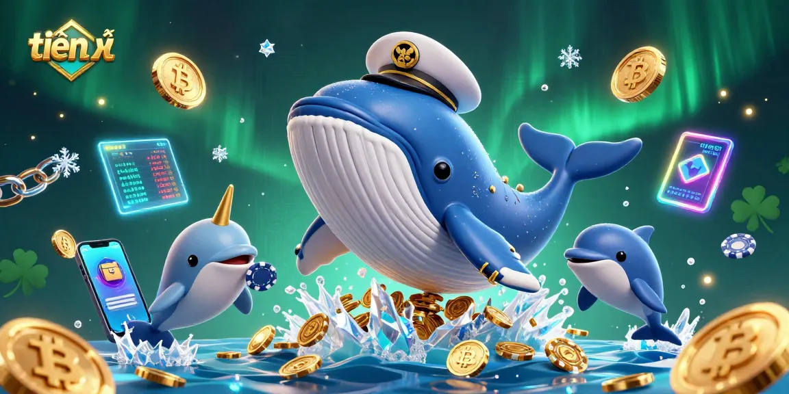 Join the fun of tiến lên with whales and dolphins celebrating in a lively casino scene, showcasing crypto elements.