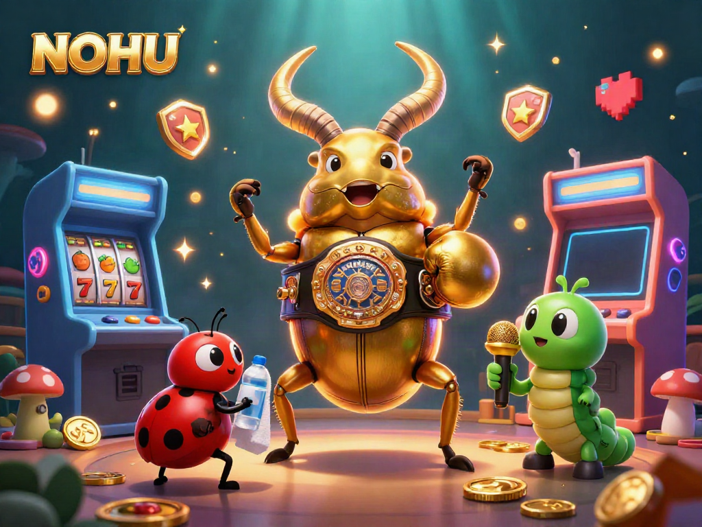 Join the thrill of NOHU with a dynamic casino scene featuring a golden stag beetle and vivid game elements.