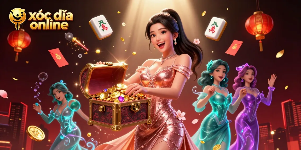Engage with xóc đĩa online as a beautiful dealer presents an overflowing treasure chest of riches.