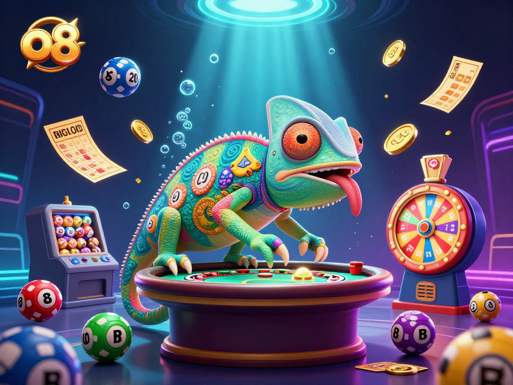 Experience the vibrant world of o8 casino with a lively chameleon owner and dynamic game elements.