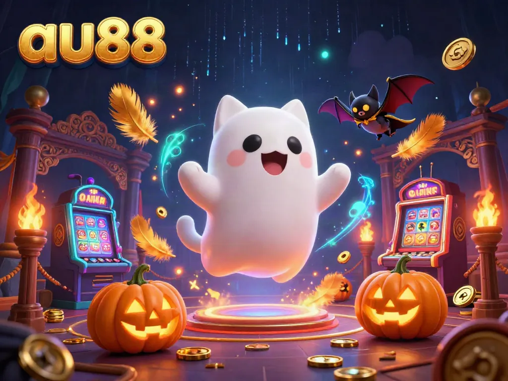 A vibrant illustration of au88 featuring a ghost cat and a vampire bat in a haunted casino setting with glowing elements.