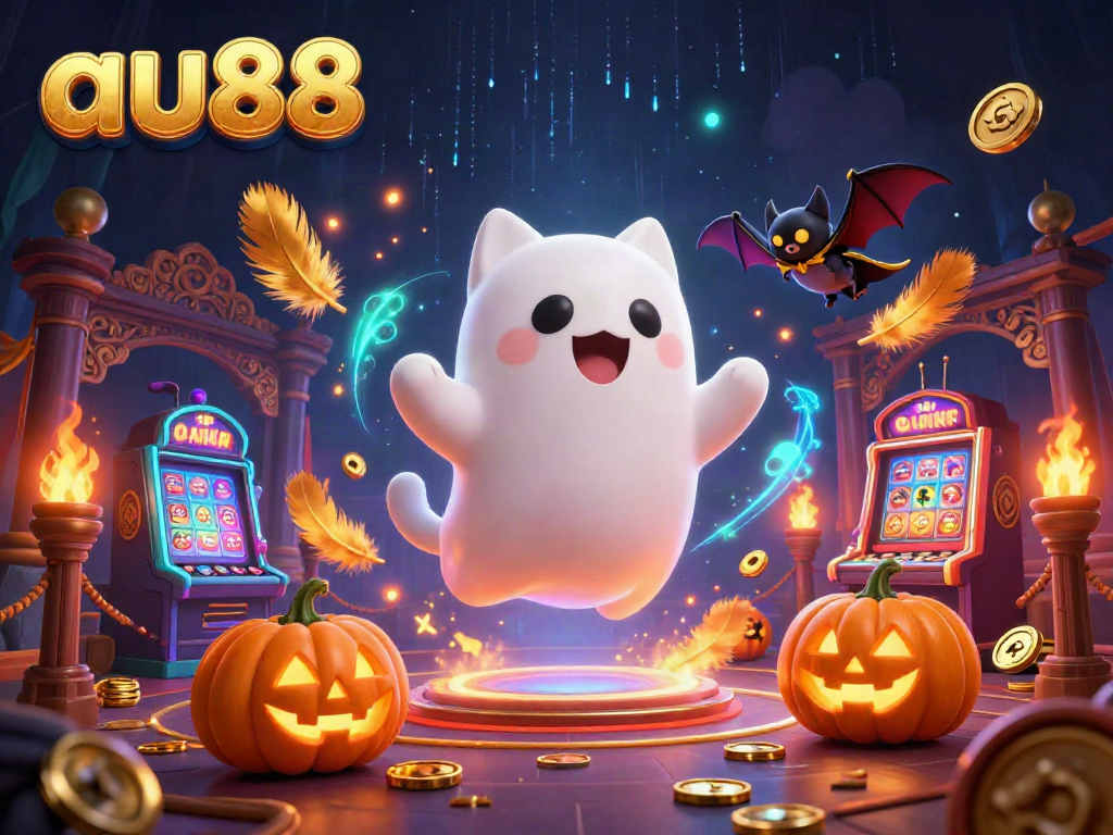 A vibrant illustration of au88 featuring a ghost cat and a vampire bat in a haunted casino setting with glowing elements.
