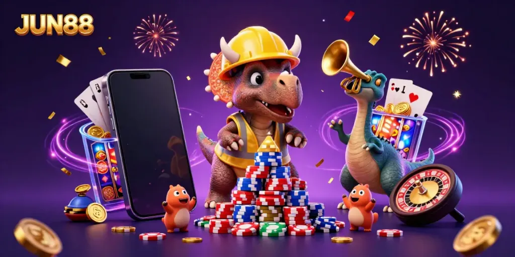 Engage in WINNING moments at JUN88 with a festive scene of dinosaurs celebrating at a colorful casino.