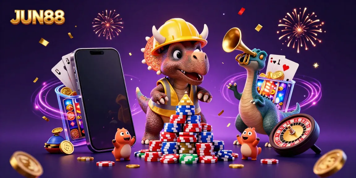 Engage in WINNING moments at JUN88 with a festive scene of dinosaurs celebrating at a colorful casino.