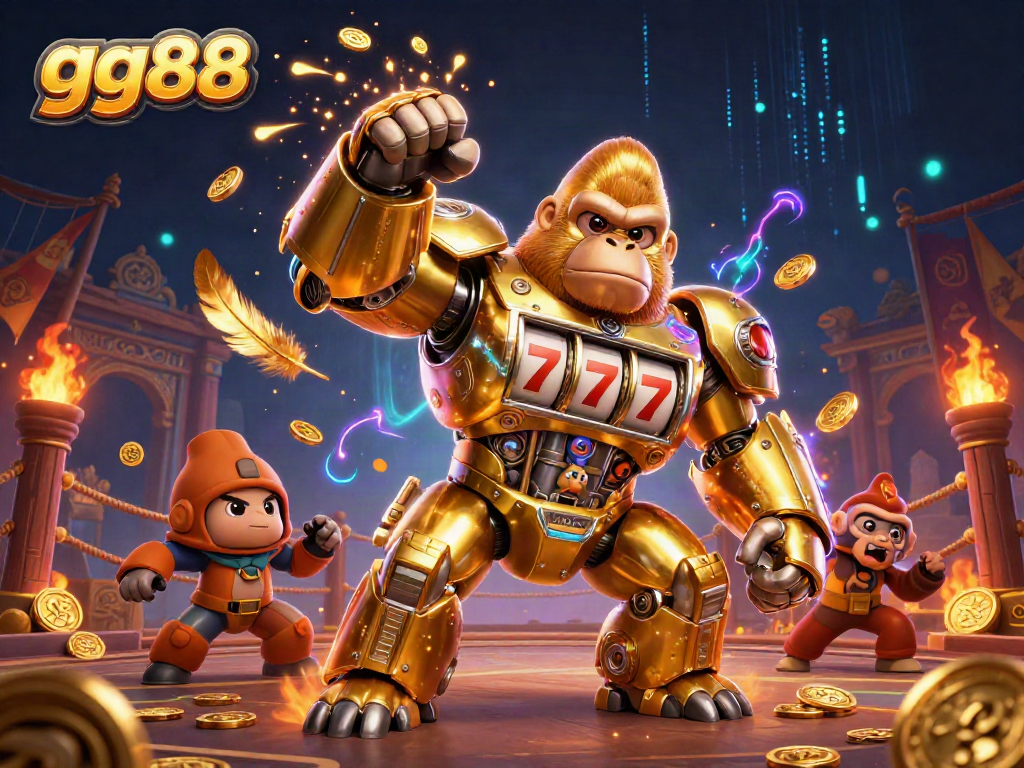 Engage in thrilling gaming with gg88's golden gorilla mech, showcasing an exciting online casino atmosphere.