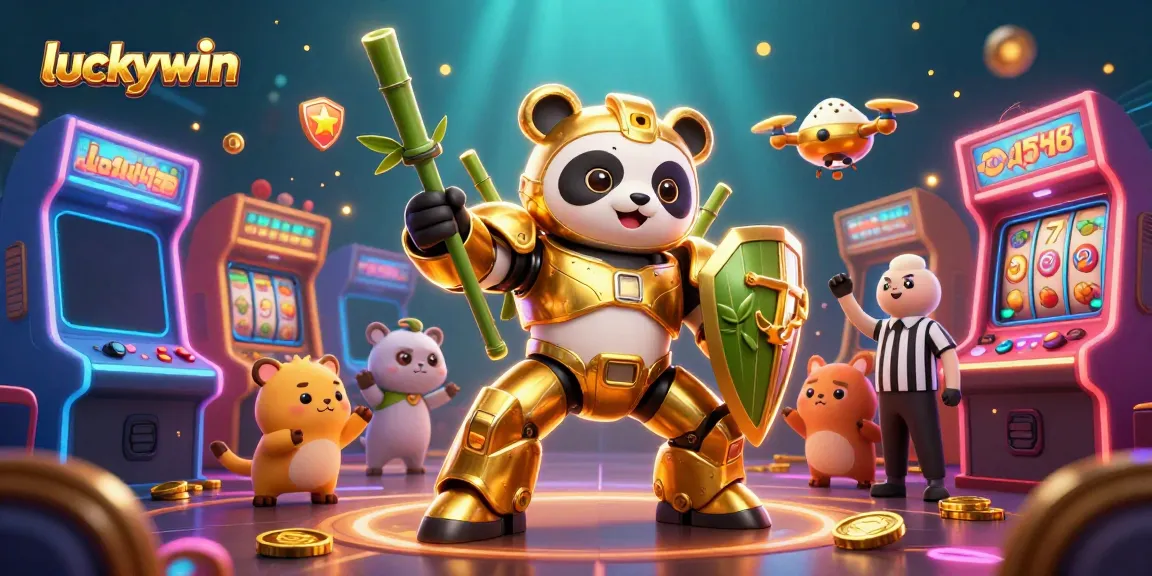 Experience thrilling jackpot action at luckywin with this vibrant casino scene featuring mech-suit panda and arcade games.